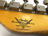Close-up of Fender Custom Shop 30th Anniversary 1987-2017 guitar headstock with vintage tuners and detailed logo on natural wood finish