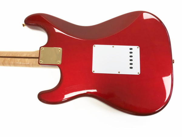 Red electric guitar body with maple neck and white backplate, glossy finish, close-up view of backside with gold neck plate and string ferrules