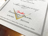 Close-up of Fender Custom Shop Limited Edition certificate with gold and silver emblem and decorative border from Corona, California