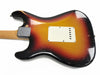 Vintage sunburst electric guitar body with white backplate and chrome neck plate showing wear and scratches