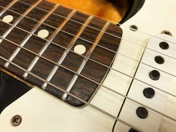 Close-up of electric guitar rosewood fretboard with white dot inlays and metal frets, showing guitar strings and white single-coil pickup with black pole pieces on cream pickguard
