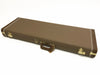 Brown rectangular hard shell guitar case with leather handle and brass hardware locks on white background