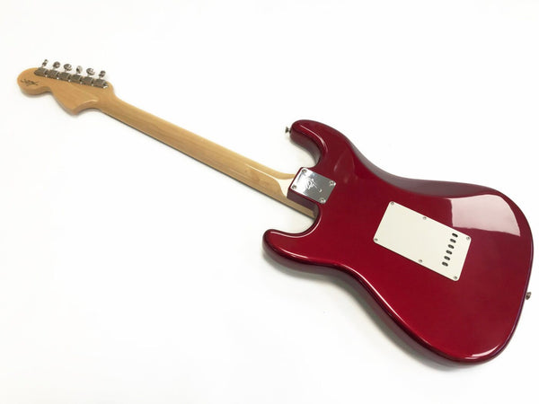 Back view of cherry red electric guitar with maple neck and white backplate on white background