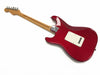 Back view of a red electric guitar with maple neck and chrome tuners, white tremolo cavity cover, and chrome neck plate on a white background