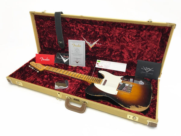 Fender Custom Shop vintage sunburst Telecaster electric guitar in tweed hard case with red velvet interior, Fender certificate of authenticity, owner's manual, custom care booklet, tag, and black leather guitar strap