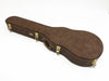 Brown leather guitar case with gold latches and stitching detail, designed for acoustic guitars