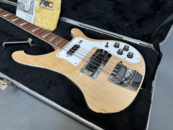 Rickenbacker 4001 vintage natural maple electric bass guitar with white pickguards and chrome hardware in black plush-lined hard case with Care and Maintenance Manual