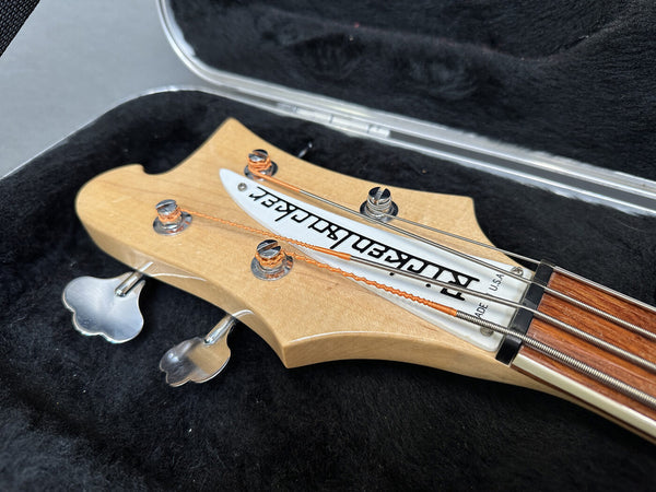 Close-up of a Rick Danko bass guitar headstock with tuning pegs and strings, resting in a black padded case