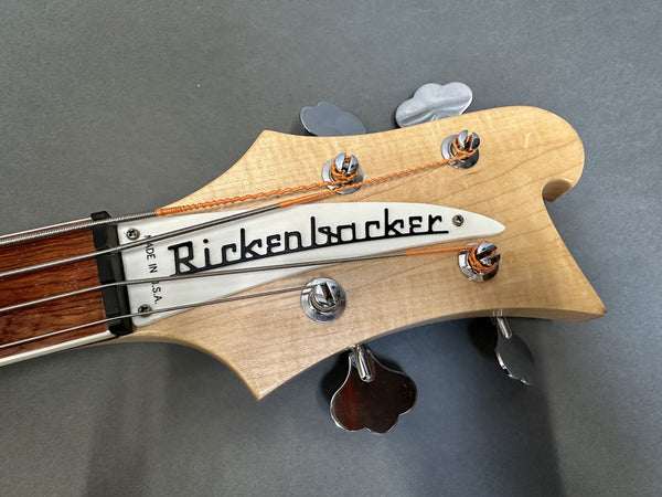 Rickenbacker bass guitar headstock with tuning pegs and strings on gray background