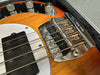 Close-up of Rickenbacker bass guitar bridge and pickup with sunburst finish and chrome hardware in guitar case
