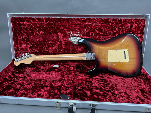 Fender Stratocaster 60th Anniversary electric guitar in sunburst finish shown from back inside plush red velvet lined hard case with Fender 60th Anniversary logo