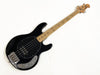 Black electric bass guitar with maple neck and fretboard, chrome hardware, and single humbucker pickup on white background
