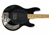 Black electric bass guitar with maple neck, chrome hardware, and single humbucker pickup on white background