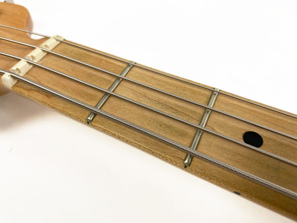 Close-up view of guitar fretboard with metal frets, steel strings, and black dot inlay on light wood neck against white background
