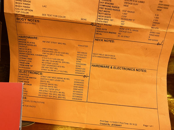 Guitar specification sheet detailing hardware and electronics including Aged Fiesta Red body color, vintage strat bridge, engraved limited edition neck plate, white relic tone knobs, and heavy relic neck back with 30th anniversary decal.