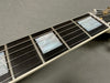 Close-up view of guitar fretboard with mother-of-pearl block inlays and steel strings on dark wood fingerboard
