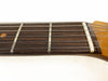 Close-up of acoustic guitar fretboard with metal frets and steel strings on rosewood fingerboard