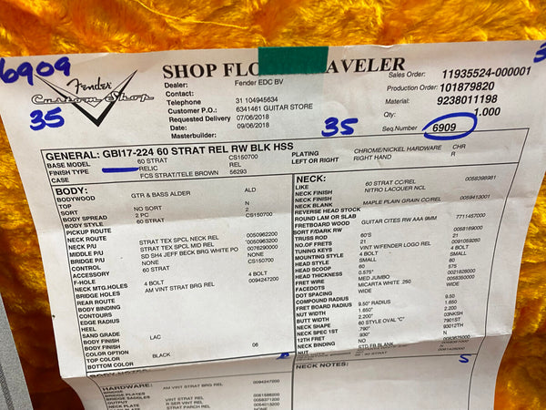 Fender Custom Shop 60 Strat Relic RW Black HSS guitar specification sheet showing detailed body, neck, hardware, and finish information.