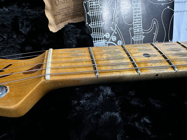 Close-up of vintage guitar neck and fingerboard with worn frets and strings on a black plush background