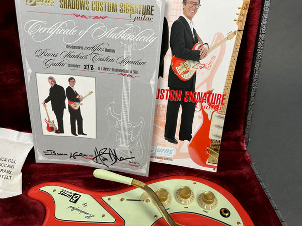 Burns Shadows Custom Signature guitar certificate of authenticity number 373 with signed certificate and promotional booklet featuring red Burns electric guitar in velvet-lined case