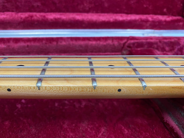 Close-up of maple guitar neck fretboard with metal frets and dot inlays on red velvet guitar case lining background