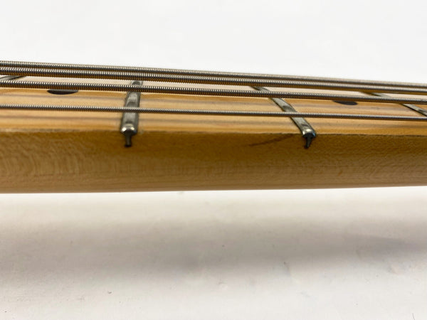 Close-up of metal frets and wound strings on a wooden electric bass guitar neck with dot inlays against white background