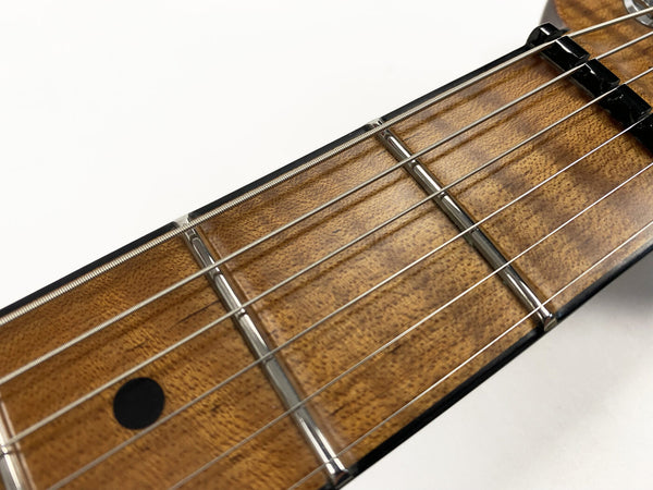 Close-up image of a guitar fretboard showing metal frets, steel strings, and a black dot inlay on a wooden neck with a natural finish