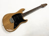 Natural wood finish electric guitar with black pickguard, rosewood fretboard, and chrome hardware on white background