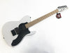 FGN white electric guitar with black pickguard and maple fretboard on white background with tags attached