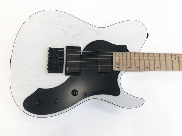 White electric guitar with black pickguard, dual EMG pickups, and maple fretboard from Coffee House Guitars product listing