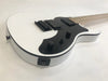 White solid body electric guitar with black pickguard, two control knobs, and toggle switch on a light background