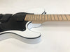 Close-up of white electric guitar body with black pickguard and maple neck with dot inlays on fretboard against white background