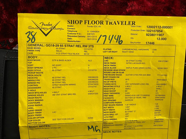 Fender Custom Shop Shop Floor Traveler specification sheet for 65 Strat Relic RW 3TS with alder body, nitro lacquer neck finish, maple plain grain neck, vintage style pickups, and chrome nickel hardware.