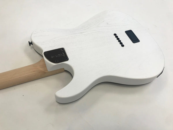 White electric guitar body with natural wood neck, black backplate, string ferrules, and battery compartment on white background