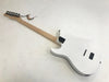 Electric guitar with white finish and natural wood neck, back view showing string ferrules and battery compartment, Coffee House Guitars product listing