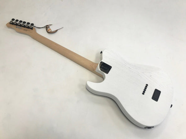 Electric guitar with white finish and natural wood neck, back view showing string ferrules and battery compartment, Coffee House Guitars product listing