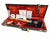 Fender black electric guitar with maple neck and fretboard in open hard case with vintage orange plush interior, Fender certificate of authenticity, extra parts, cables, and Fender strap.