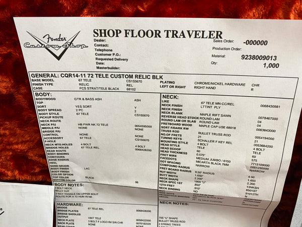 Fender Custom Shop Shop Floor Traveler sheet detailing specifications for 67 Tele Custom Relic Black guitar including body wood, neck, hardware, and finish information.