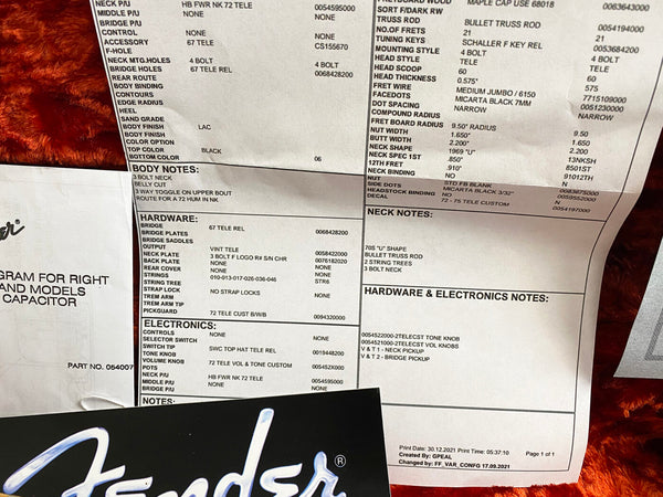 Fender 67 Telecaster guitar specification sheet detailing body notes, hardware, electronics, and neck notes for a 3 bolt neck, 72 Tele Custom pickguard, 70s "U" shape neck, vintage Tele output, and no middle or bridge pickups.