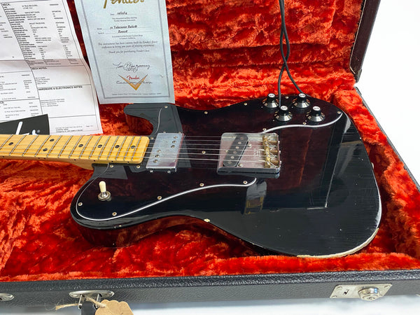 Fender Telecaster relic black electric guitar with maple neck and silver hardware in orange plush-lined hard case with Fender certificate and specs sheets