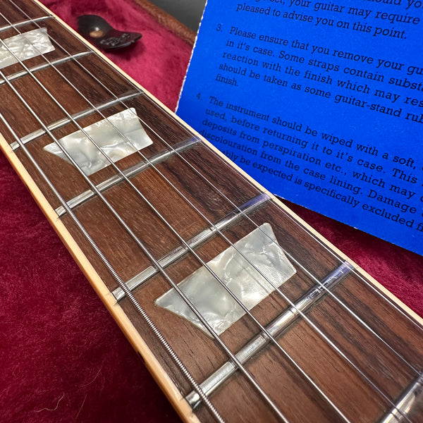 Close-up of guitar fretboard with mother-of-pearl inlays and metal strings on rosewood neck, displayed on red velvet case lining with blue care instructions in background.