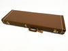Brown vintage-style hard guitar case with white stitching and brass latches for electric guitar storage and transport