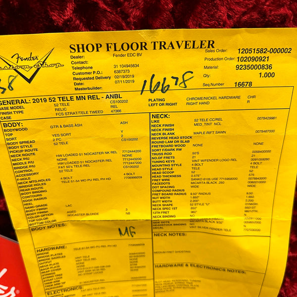 Fender Custom Shop Shop Floor Traveler spec sheet for 2019 52 Telecaster MN Relic guitar with ash body, relic finish, maple neck, vintage Fender tuning keys, and chrome/nickel hardware.