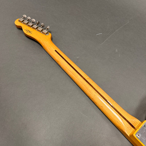 Maple neck of electric guitar with vintage tuning pegs and skunk stripe wood inlay on gray background, Coffee House Guitars product image