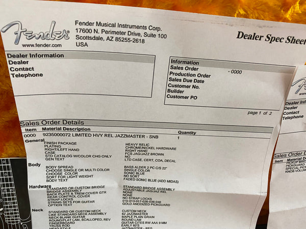 Fender Dealer Spec Sheet for Limited Heavy Relic Jazzmaster SNB with heavy relic finish, chrome/nickel hardware, right hand, FCS JAG/JAZZ brown case, bass alder body, faded sonic blue color, standard bridge assembly, gold anodized pickguard, custom 62 Jazzmaster neck with maple plain grain and round lam fingerboard.