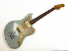 Vintage Fender electric guitar with worn light blue finish and gold pickguard, rosewood fretboard, and two cream-colored pickups on white background
