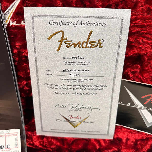 Fender Custom Shop Certificate of Authenticity for 56 Stratocaster JM guitar with serial number R103462 dated 11/05/2010 on red plush background