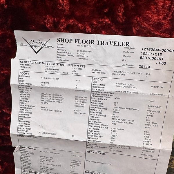 Fender Custom Shop Shop Floor Traveler specification sheet for 56 Strat Journeyman 2TS guitar with alder body, maple neck, vintage style pickups, chrome/nickel hardware, nitro lacquer finish, 2 color sunburst, and vintage wiring details