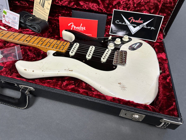 Fender Custom Shop vintage white Stratocaster electric guitar with maple neck and black pickguard in red velvet lined hard case with Fender Custom Shop and warranty cards.