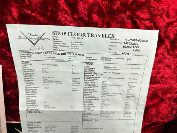 Fender Custom Shop Shop Floor Traveler guitar specification sheet with details for 63 Tele Journeyman model, alder body, nitro lacquer finish, vintage white color, and hardware specifications on red textured background.